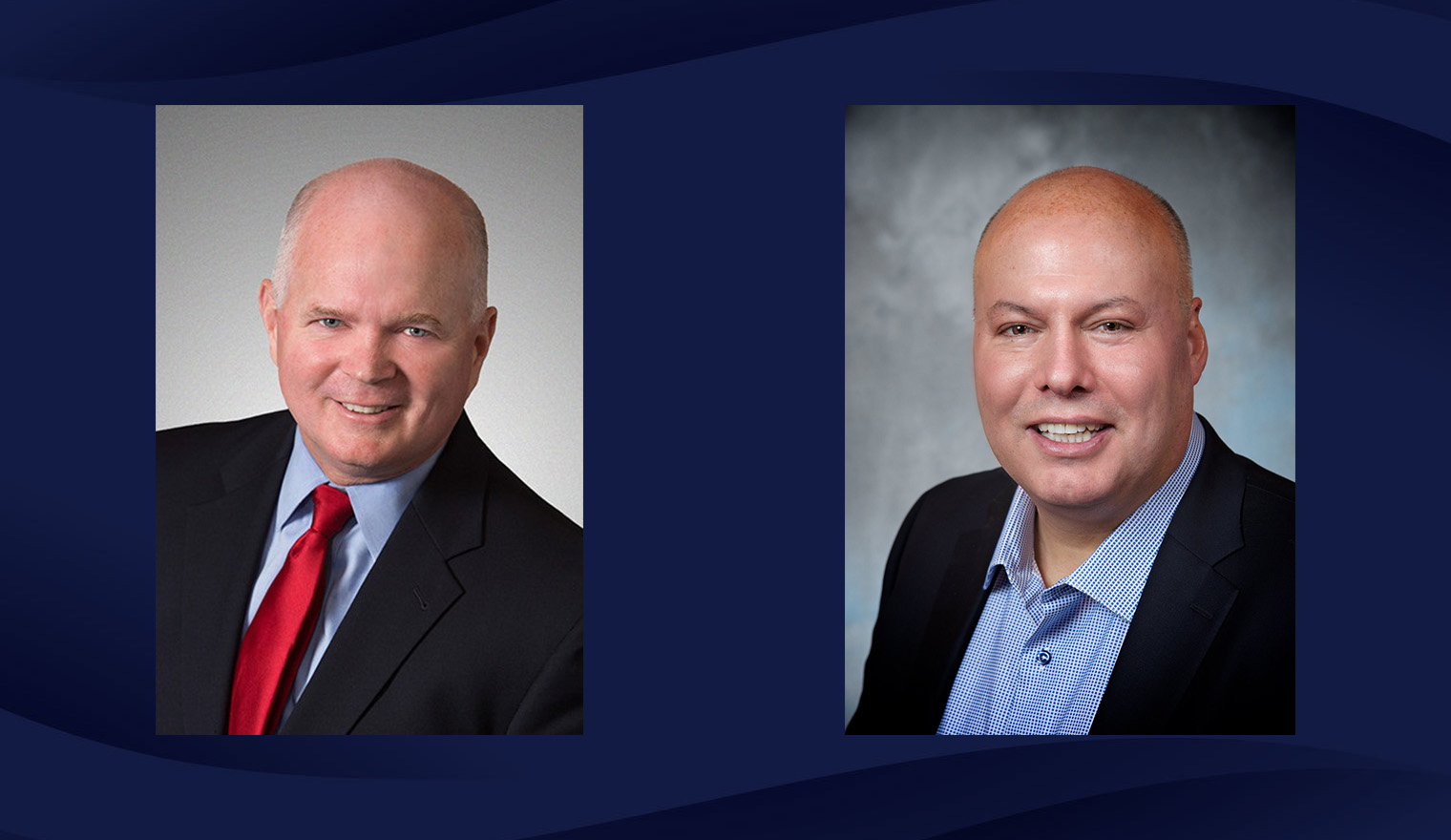 Photos of Mark Flaherty and Richard Russell on a navy blue wave patterned background